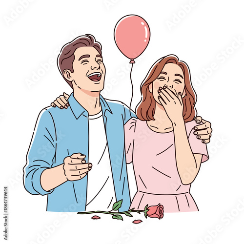 Couple Celebrating Engagement with Ring and Balloon.