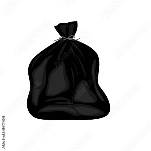 Illustration of a black plastic trash bag. Trash bag vector. Trash can illustration. Illustration of a plastic trash bag tied with a rope. Flat design of a plastic trash bag
