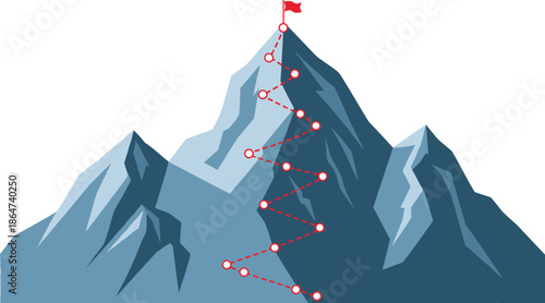 Mountain Peak Achievement Concept with Climbing Path Dots and Flag Success Vector Illustration