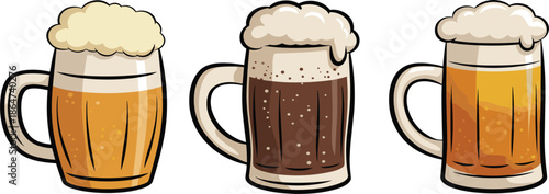 Colorful Beer Mug Illustration Set, Featuring Frothy Light, Dark, and Amber Ale Graphic Design Elements