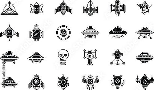 Sci Fi Space Icons Set with Spaceships UFOs Robots and Futuristic Symbols Vector