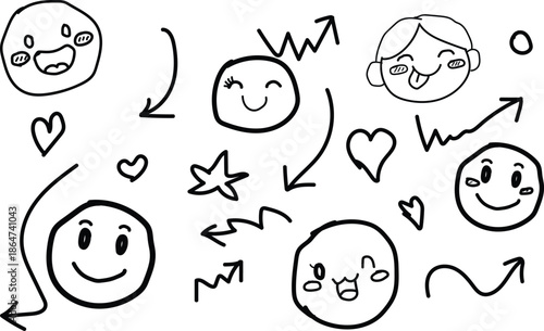Hand drawn emoticon faces with arrows and hearts