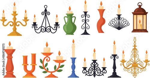 Vintage Candlestick and Candle Holder Collection with Decorative Flames Elegant Vector Set