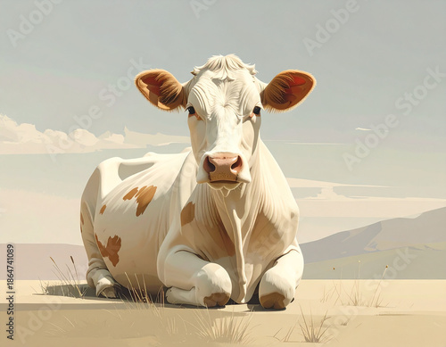 A tranquil white dairy cow with distinctive brown markings rests peacefully in a sun-drenched, expansive minimalist field, embodying the serene essence of rural farm life