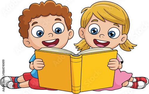 Colorful Cartoon Illustration of a Boy and Girl Reading Together for Children's Education Designs