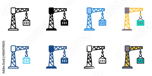 Crane icon set multiple style collection. Editable stroke 
