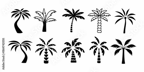 Collection of tropical palm tree silhouettes in a black and white vector style