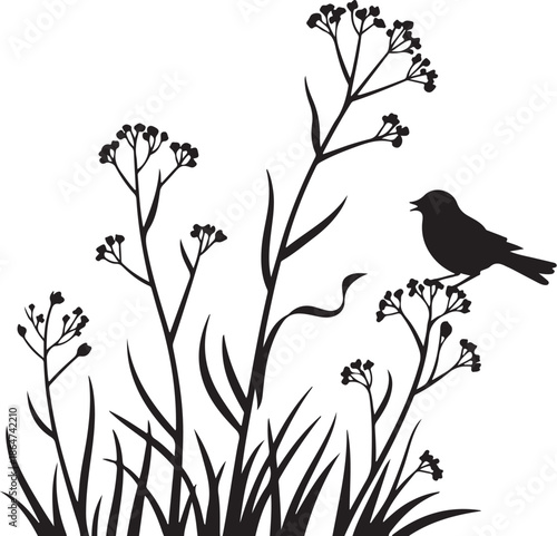 Black silhouette bird perched on flowering plant with long stems