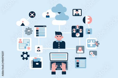 Digital network connections and communication illustrated with people and technology elements