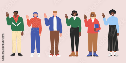 Diverse group of people waving illustrating inclusivity and human connection
