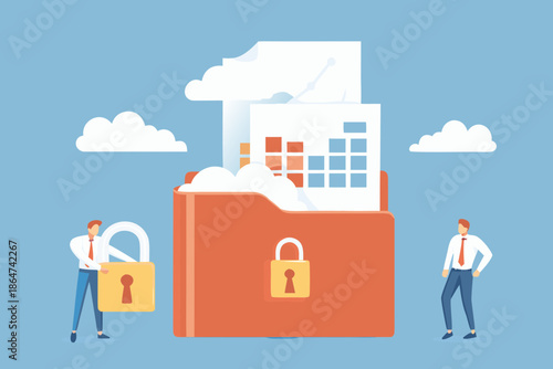 Data security concept with people folders locks and charts illustration