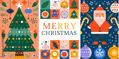Festive christmas collage with trees santa ornaments and a merry message