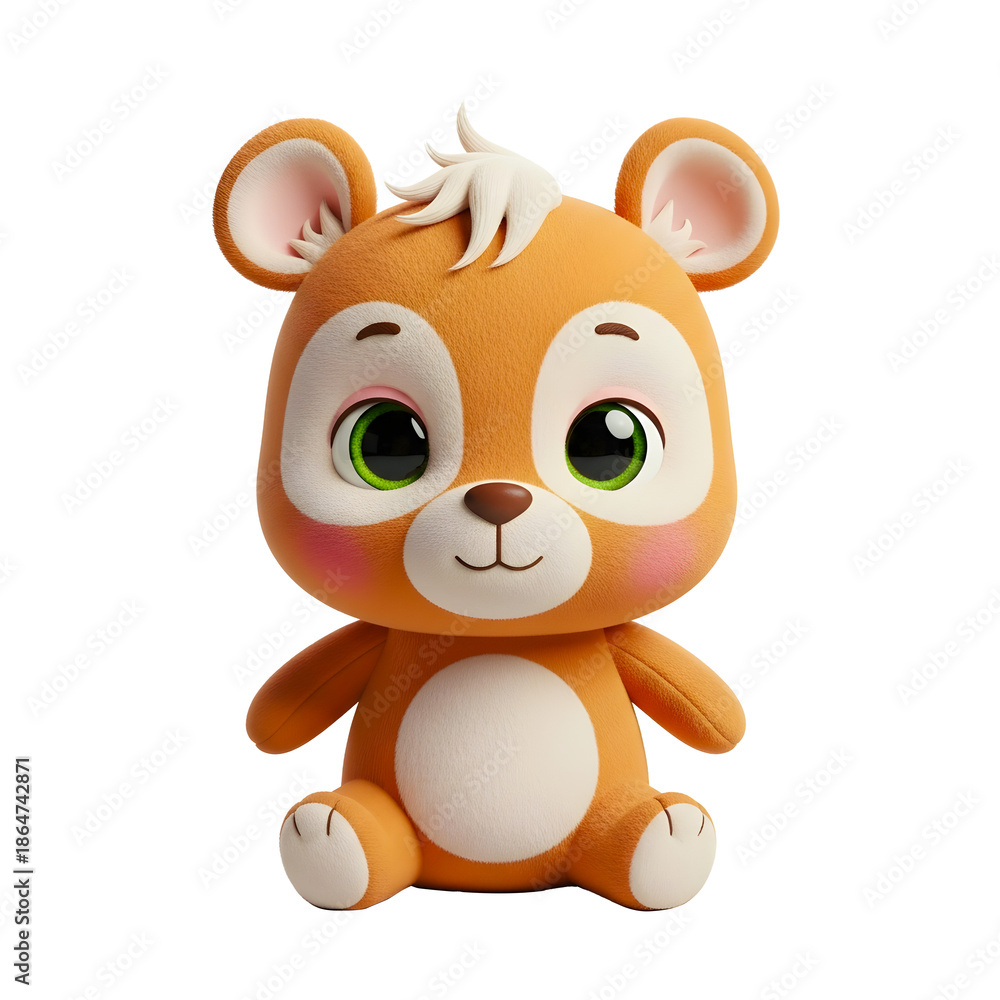Fototapeta premium Adorable fluffy brown bear with big green eyes and rosy cheeks sitting isolated on transparent background