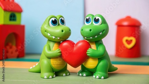 Valentine’s Day 2026 Two playful toy dinosaurs holding a red heart in a colorful setting.