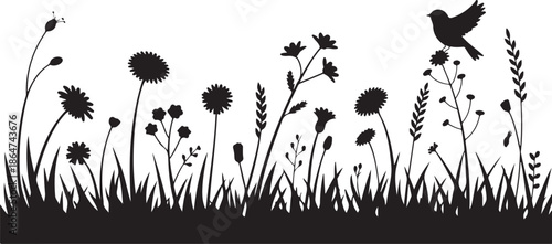 Black Silhouette of Bird Flying Over Wildflowers and Grass