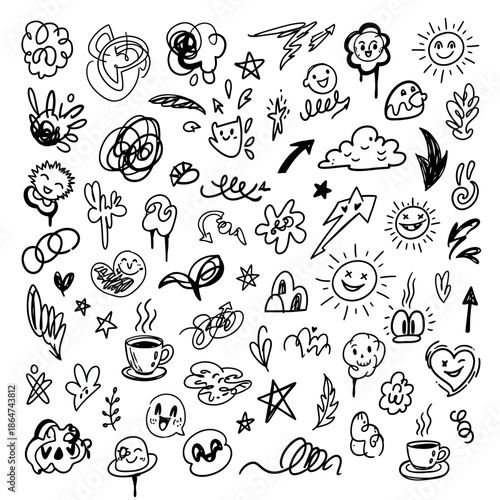 Hand Drawn Doodles and Cartoon Icons Set.