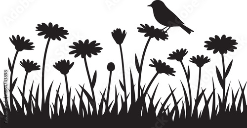 Black silhouette of bird on flowers and grass white