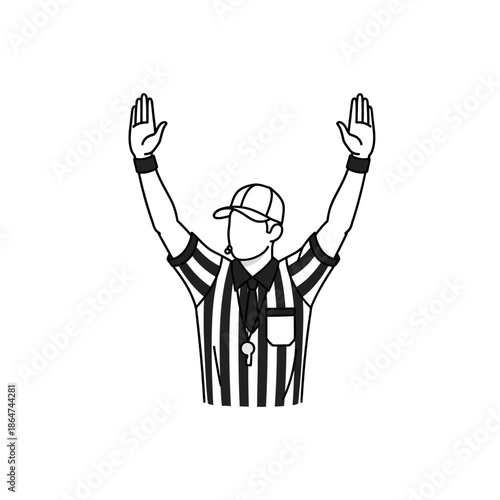 Referee in Striped Shirt with Raised Arms.