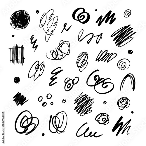 Handwritten Scribbles and Swirls in Black Ink.