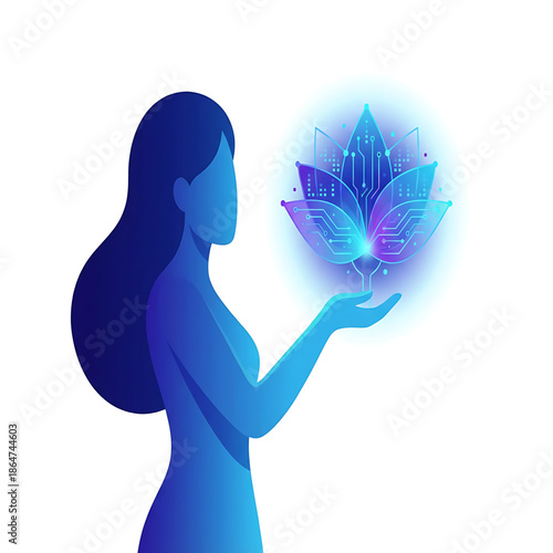 A woman holding a glowing lotus flower in her hand, surrounded by a soft blue glow