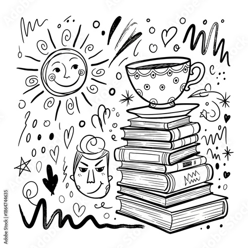 Stack of Books with Cup and Mask.