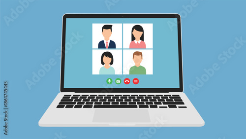 Conference video call. Online meeting in video call. Web Video Conference. Team using laptop for a online meeting.