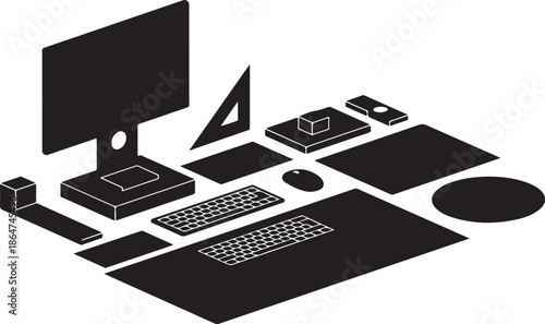 Computer desk with office supplies and accessories