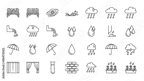 A comprehensive set of minimalist line icons illustrating rain, water, weather, and related elements