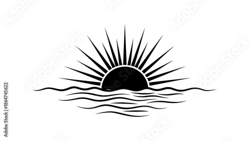 Stylized black sun rising or setting over the ocean waves on a white background