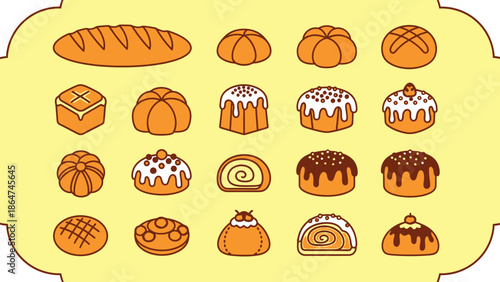 A delightful assortment of freshly baked bread, buns, and sweet pastries illustration