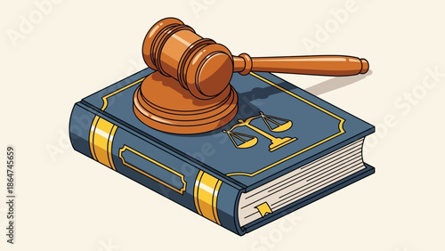 A wooden gavel resting firmly on a law book adorned with the iconic scales of justice