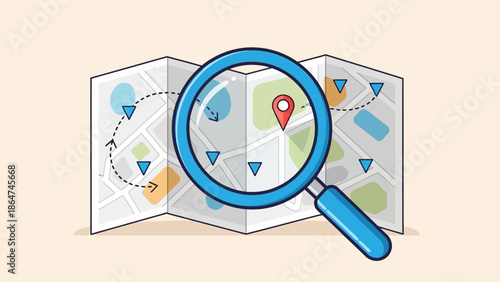 Exploring a map with a magnifying glass to pinpoint a specific location and plan a journey