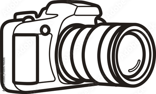 Simple black and white outline drawing of a digital slr camera