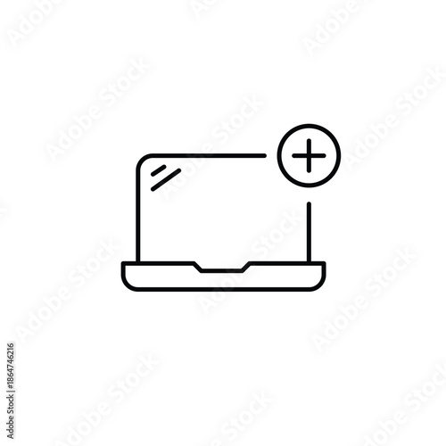New task, screen add, app install, workspace update. Plus on laptop screen. Pixel perfect, editable stroke vector icon