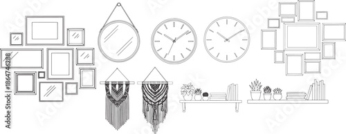 An artistic arrangement showcases a wall with decorative mirrors, clocks, and frames, exuding a sense of contemporary elegance.