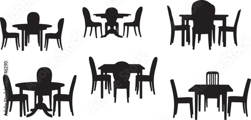 Silhouettes of various dining tables and chairs