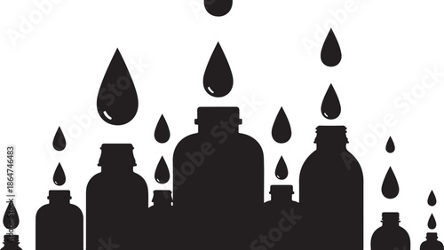 Black silhouette of bottles with falling drops on white background