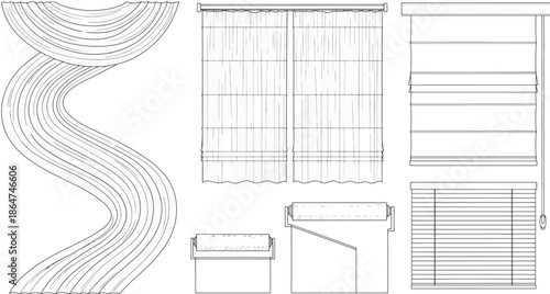 An Array of Window Treatment Designs: Curtains, Blinds and Shades, illustrated in graphic style. 