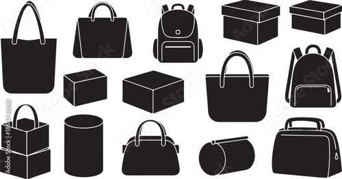 Collection of various black handbags and boxes