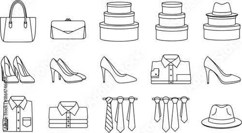 A minimalist illustration showcases a curated collection of fashion accessories and apparel, a study in lines and forms, highlighting elegance and style.