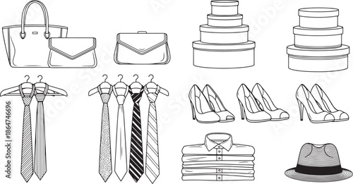 A detailed, high-contrast illustration presents a curated collection of fashion accessories, including handbags, clutches, ties, high-heeled shoes, shirt, hat, and decorative gift boxes.
