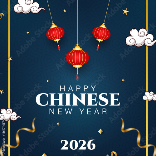 Chinese New Year 2026 Elegant Blue Background with Lanterns, Lunar New Year 2026 Greeting Card with Clouds and Gold Stars, Year of the Horse 2026 Celebration Poster on Dark Blue Sky, Modern Chinese 