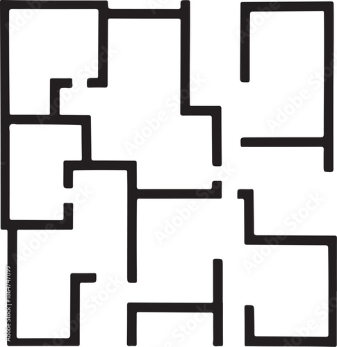 Black and white maze illustration with geometric shapes and lines
