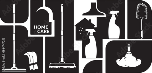 Home care cleaning tools and supplies in black and white