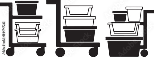 Black and white illustration of storage carts with baskets
