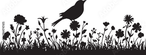 Silhouette of a bird flying over a field of flowers