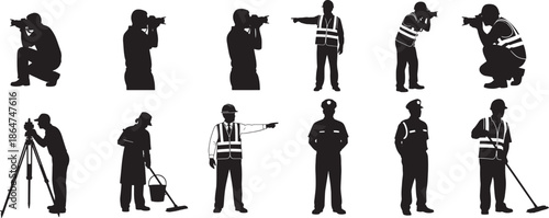 Silhouettes of photographers capturing life’s moments, alongside workers in various trades. The black-and-white silhouettes highlight the diversity of professions.