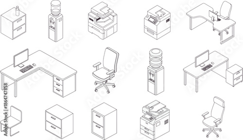Illustrative depiction of office furniture and equipment arranged in an isometric grid, portraying modern workspaces. 