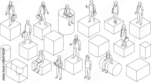 A collection of diverse figures, rendered in intricate line art, engage in various activities atop an array of geometric platforms.