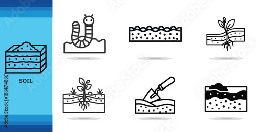 Illustrations of soil planting growth and related gardening elements in black and white